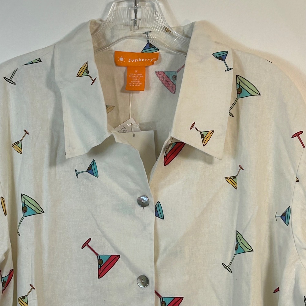 Sunberry Linen Blend Martini Glass Print Button Down Shirt Ivory Womens 1x Nwt View 6
